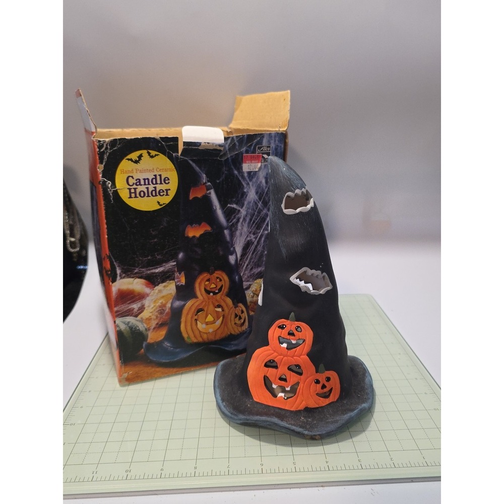 Vintage Halloween 9" Ceramic Witches Hat Candle‎ Holder w/ Box
